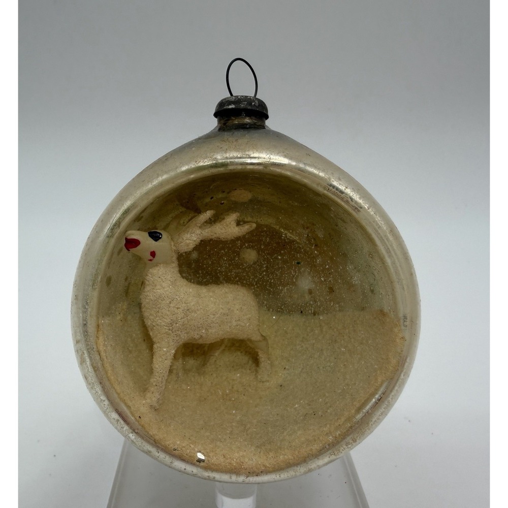 Vintage Mercury Glass Diorama Christmas Ornament White Reindeer Mica Shiny Brite